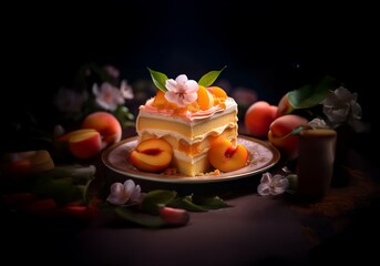 Poster - A slice of cake decorated with peach slices and a flower sits on a plate with more peaches and flowers around it.