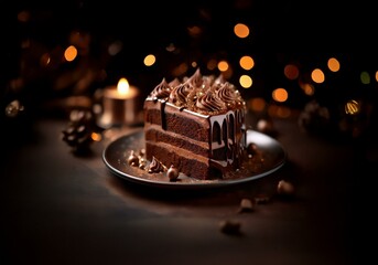 Poster - A single slice of chocolate cake with a drizzled ganache sits on a dark plate with scattered chocolate pieces.