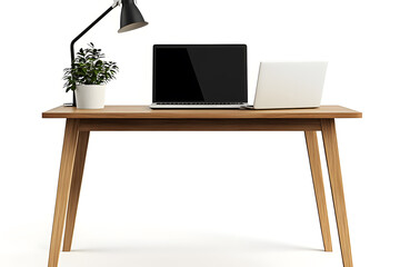 Modern wooden office desk with modern laptop computer isolated on white background