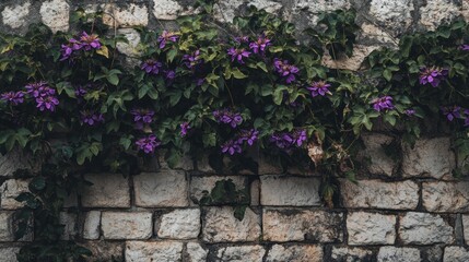 Poster - A vibrant display of purple flowers climbing a textured stone wall.