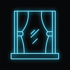 Poster - glowing neon line closed window with curtain icon isolated on black background vector illustration