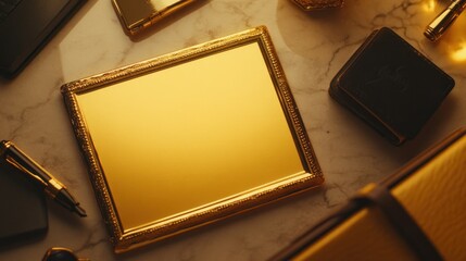 Canvas Print - A golden picture frame surrounded by elegant stationery and accessories on a marble surface.