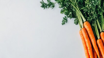 Canvas Print - Fresh carrots with green tops arranged on a light background.