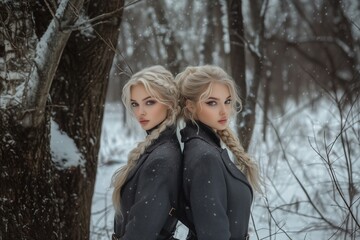 Two Elegant Blonde Women with Braided Hair in Winter Forest