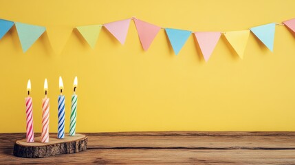 Wall Mural - Colorful birthday candles on a wooden base with festive bunting against a yellow backdrop.