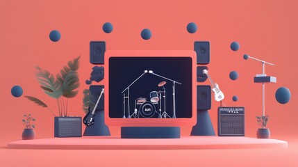 Wall Mural - A vibrant music-themed setup featuring instruments, speakers, and a digital display.