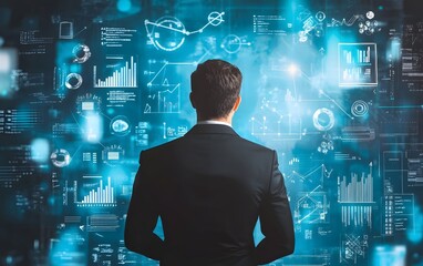 Poster - A businessman analyzes digital data on a futuristic interface, showcasing technology and innovation in the business world.