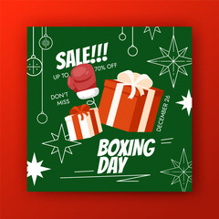 Boxing day sale banner template. Vector square poster layout. Colorful cartoon holiday design. Red glove, 2 big gift boxes ribbon tied. Winter discount announcement. Funny icons set. Social media ads