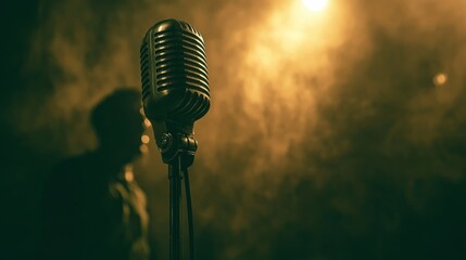 Poster - A vintage microphone stands in a smoky atmosphere, hinting at a live performance.