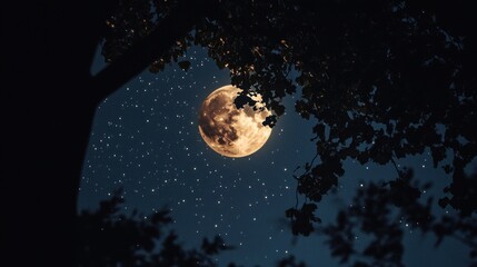 Sticker - A serene night sky featuring a full moon framed by tree branches and twinkling stars.