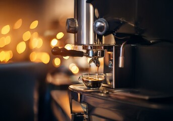 Aufkleber - Espresso machine pours a shot of espresso into a glass cup, backlit by warm lights.