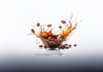 Poster - Coffee beans splashing into a brown liquid.