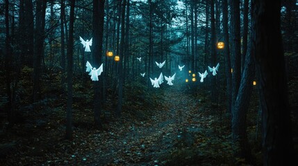 Sticker - A mystical forest path illuminated by glowing butterflies and pumpkins.