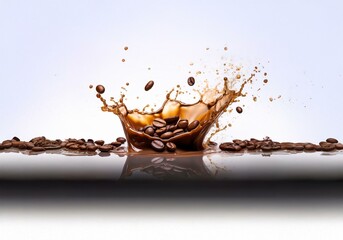 Poster - A splash of coffee with coffee beans flying out