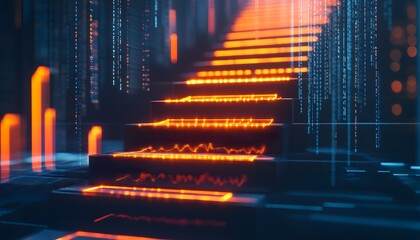 Poster - futuristic illuminated stairs in a digital environment, showcasing vibrant lights and a high-tech am