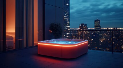 Wall Mural - A luxurious hot tub on a balcony overlooking a city skyline at dusk.