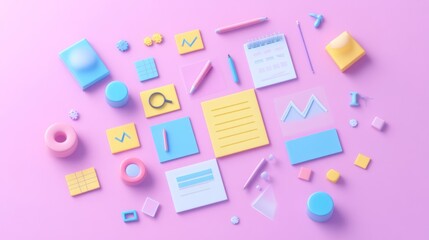 Canvas Print - Colorful office supplies and charts arranged on a pink background for creative workspace.