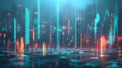 Poster - Futuristic cityscape with vibrant data visualizations and digital elements, representing technology and urban innovation.