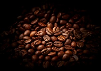 Poster - A close-up image of a pile of dark brown coffee beans, with a dark background.