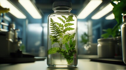 Poster - A glass jar containing ferns, illuminated in a laboratory setting.