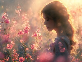 Wall Mural - Woman in a Field of Pink Flowers at Sunset