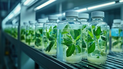 Canvas Print - Laboratory setting with glass jars containing plants in nutrient solution for research.