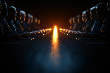 A group of people sitting at a long table with a light shining on them. Scene is serious and formal