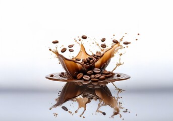 Poster - A splash of brown liquid with coffee beans scattered around it.