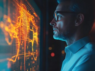 Poster - a thoughtful man observes data visualization on a screen, representing innovation, technology, and a