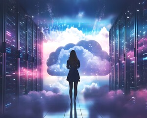 Poster - A silhouette of a woman stands in a futuristic data center, gazing at a vibrant cloud, representing digital exploration.