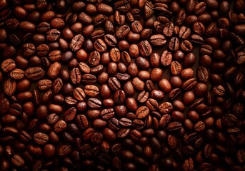 Poster - A close-up view of a large pile of dark brown roasted coffee beans.