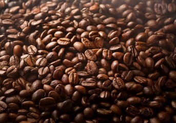 Poster - Close up of roasted coffee beans with steam rising above them.