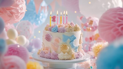 Wall Mural - A colorful birthday cake adorned with candles, surrounded by festive decorations.