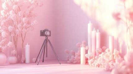 Sticker - A serene pink-themed photography setup featuring a camera, candles, and floral elements.