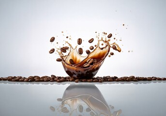Poster - Coffee splash with beans in mid-air on a reflective surface.