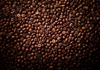Poster - A close-up, overhead view of a large amount of roasted coffee beans.