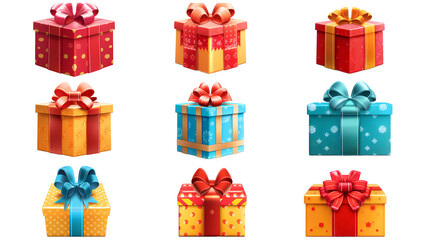 A colorful set of Christmas and holiday gift boxes with ribbons, bows, and decorations