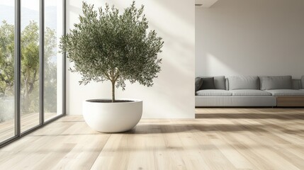 Poster - A serene indoor space featuring a potted tree and a cozy couch.