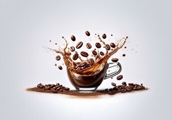 Poster - Coffee beans splash from a glass mug, scattering on a white background.