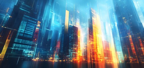 A vibrant cityscape featuring illuminated skyscrapers and a futuristic atmosphere, showcasing technology and urban life.