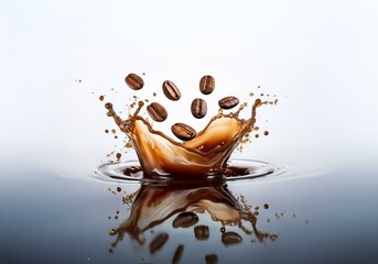 Poster - Coffee beans splashing into a brown liquid, creating a crown of liquid and droplets.