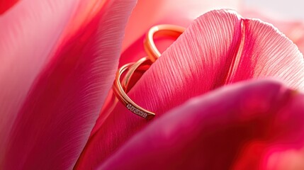 Sticker - A close-up of two rings nestled among vibrant pink flower petals.