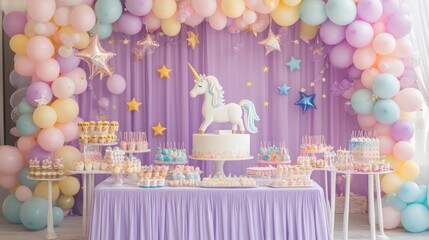 Poster - A colorful unicorn-themed dessert table with balloons and treats for a celebration.