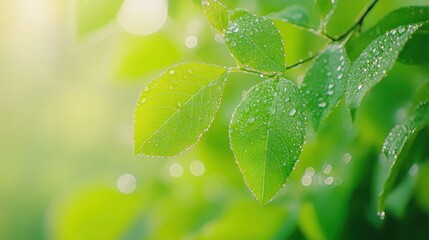 Wall Mural - Close-up of green leaves with water droplets, symbolizing freshness and nature's beauty.