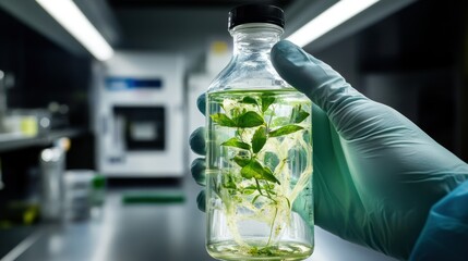 Poster - A hand holds a bottle with plants submerged in liquid, likely for scientific study.