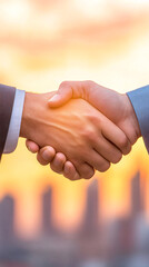 Two men shake hands in front of a city skyline. The handshake is a symbol of agreement and trust