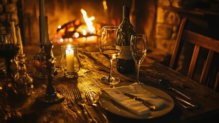 Canvas Print - A cozy dining setup with wine and candlelight by a fireplace.