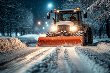 Snowplow is clearing snow from road during a snowfall. Snow remover on winter road