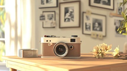 Poster - A vintage camera on a wooden table with framed photos in the background.