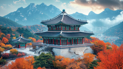 Autumnal Serenity: A Traditional Korean Pavilion Amidst Majestic Mountains